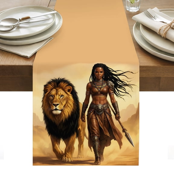 Desert Lion African Women Table Runner Retro Tribal Southwest Ethnic Tablerunners 13 x 120 Inch, Table Decorations Tabletop Scarf for Summer Gathering Holiday Farmhouse Kitchen Dining Decor