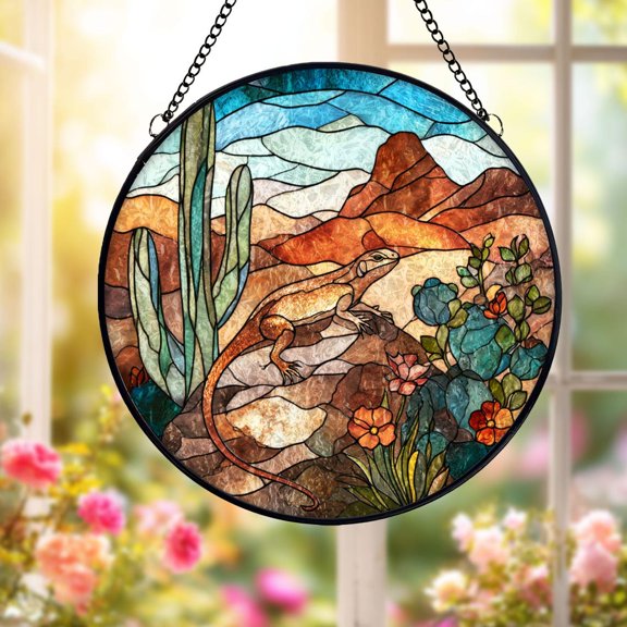 Desert Lizard Glass Suncatcher, Southwestern Reptile Window Hanging Cactus Landscape, 6.3 in