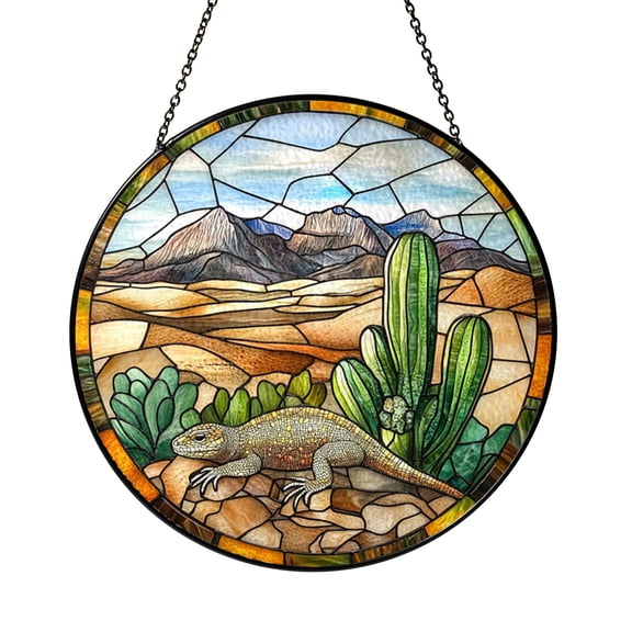 Desert Lizard Stained Glass Suncatcher Window Hanging Decor, Round Lizard and Cactus Landscape Glass Art Panel, Decorative Desert Wildlife Scene Window Ornament for Home Decor
