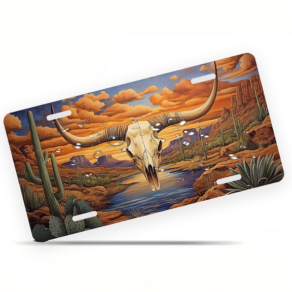 Desert Long horn Skull Front License Plate, Metal License Plate, Funny Standard Plates Personalized Novelty Decorative For Men/Women/Boys/Girls Car 6×12 Inch
