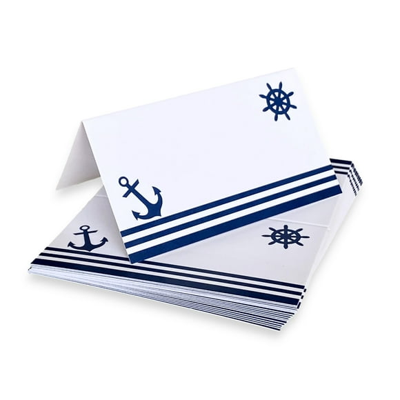 Desert Mercantile Nautical Place Cards - 25 Pack - Nautical Food Cards. Blue Anchor and Captains Wheel over Stripes Design, for Dinner Parties, Weddings, Banquets, Cocktail Parties, and Buffets.