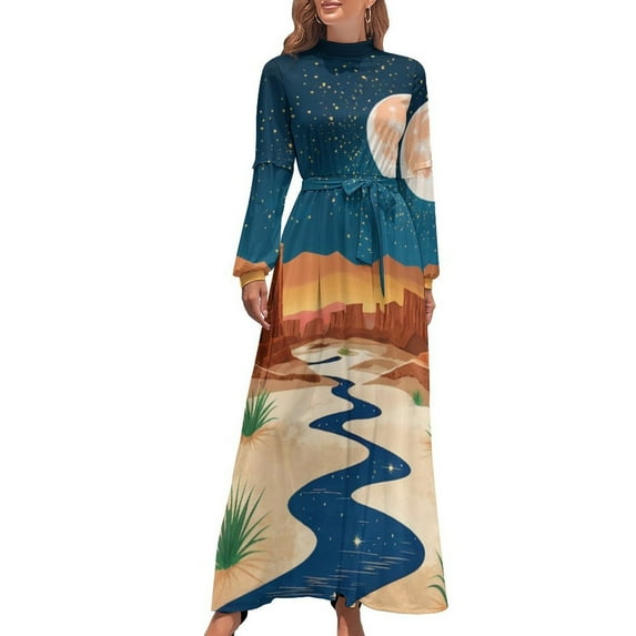 Desert Moon Night Women's Long Dress Long Sleeves Dress Vintage Dresses Party Maxi Dress High Waist Dress