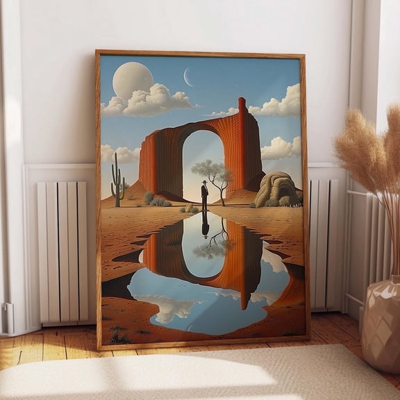 Desert And Moon Wall Art Poster - Surreal Desert Artwork Reflective Landscape Print - Modern Unique Art Gift Wall Art, Modern Wall Decor, 16x24 UNFRAMED