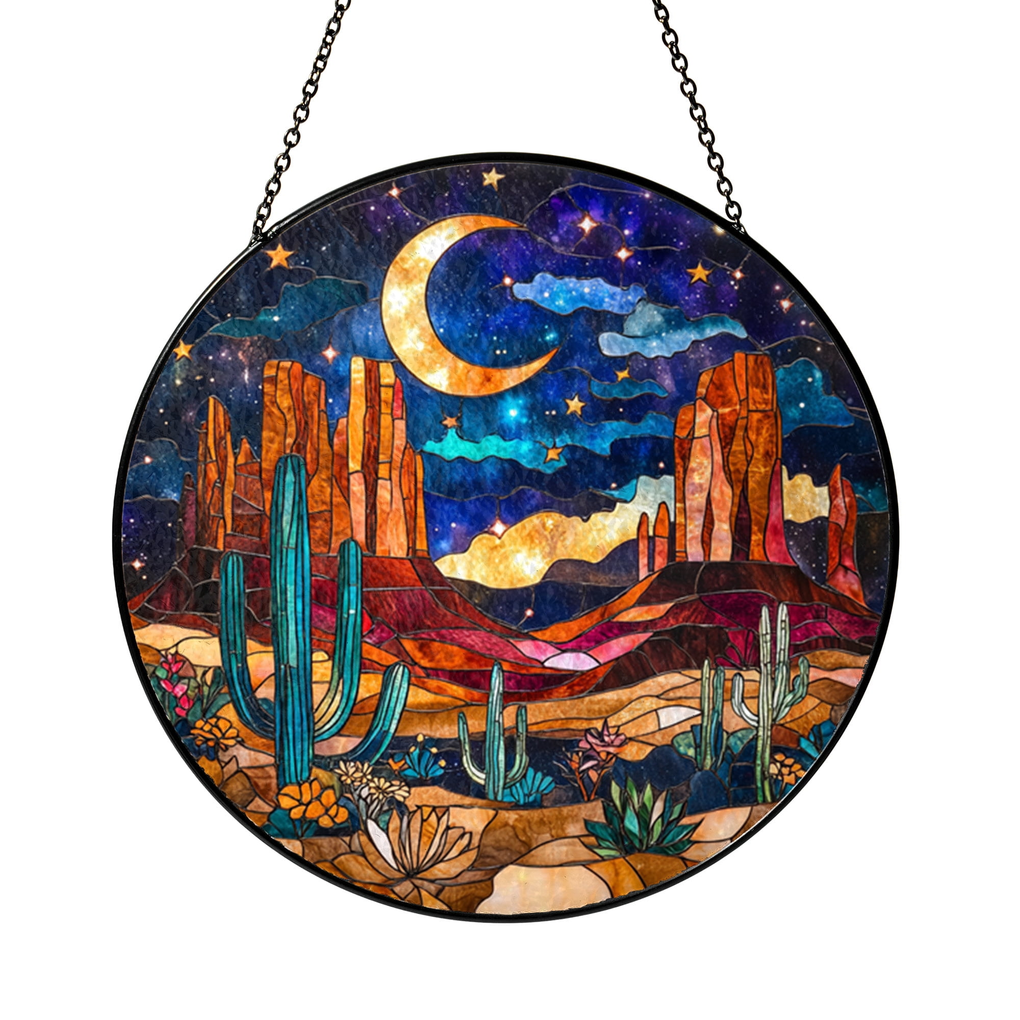 Desert Moonlight Stained Glass Window Hanging, Cactus Lover Nature Art ...