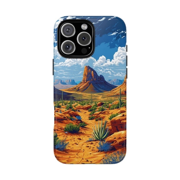 Desert Mountain Cactus Blue Sky Western Scenic Artistic Illustration Phone Case for iPhone 11 12 13 14 15 16 17 Pro Max