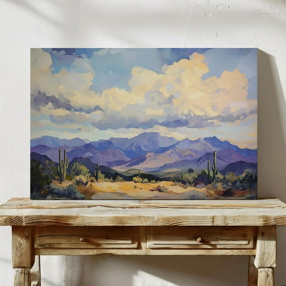 Desert Mountain Landscape Art Print – Southwestern Cactus Scene With Purple Hills – Serene Nature Wall Decor For Rustic Interiors Wall Art, Modern Wall Decor, 8x12 UNFRAMED