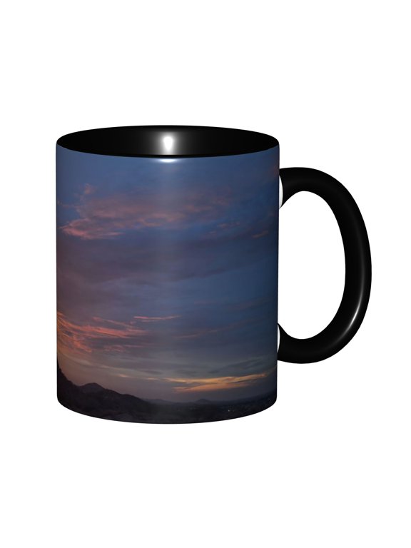Desert Mountain Twilight Pink Orange Purple Sunset Clouds Rocky Hill Silhouette Ceramic Mug 11oz, Serene Southwest Mountain Dusk Scenic Cup, Microwave Safe Gift for Desert & Sunset Chasers
