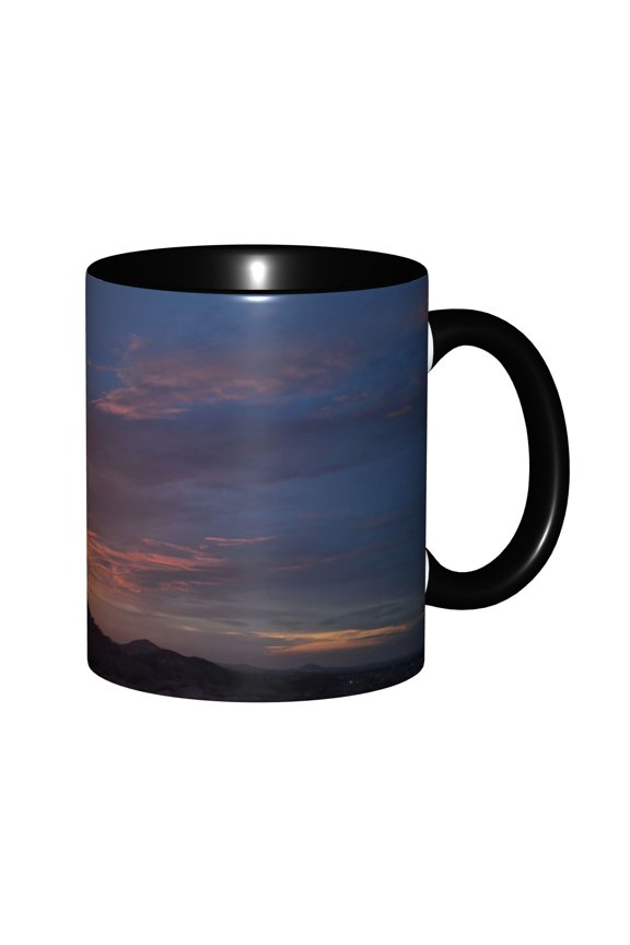 Desert Mountain Twilight Pink Orange Purple Sunset Clouds Rocky Hill Silhouette Ceramic Mug 11oz, Serene Southwest Mountain Dusk Scenic Cup, Microwave Safe Gift for Desert & Sunset Chasers