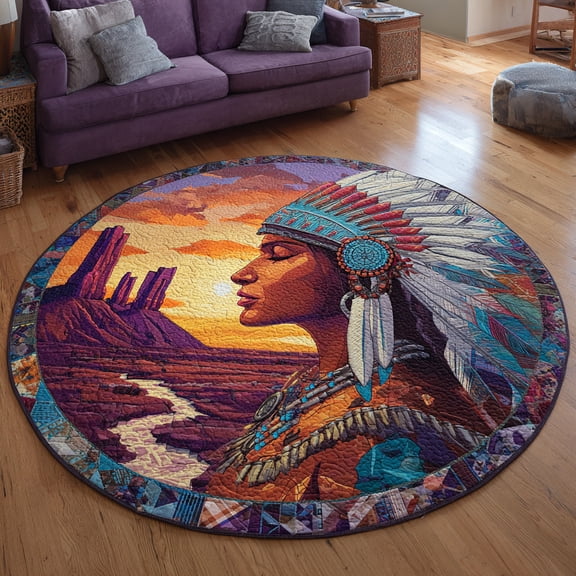 Desert Native Woman Quilted Round Mat, Native Woman Desert Round Floor Mat, Southwestern Cultural Home Decor Rug, Quilted Area Carpet for Bedroom Living Room