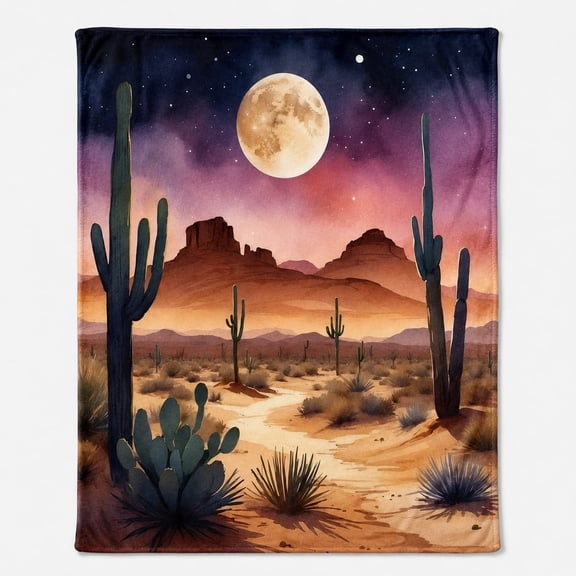 Desert Night Fleece Blanket – Watercolor Cactus Moon Landscape Throw for Boho & Southwestern Home Decor
