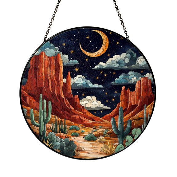 Desert Night Landscape Stained Glass Window Hanging, Crescent Moon Cactus Scene With Southwestern Art Style