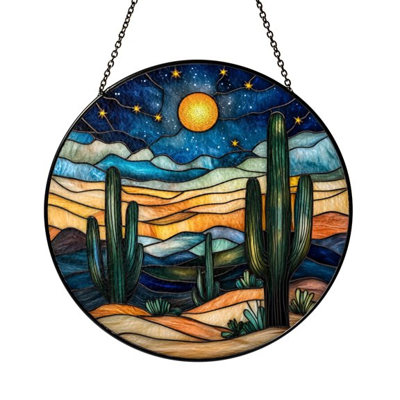Desert Night Sky Cactus Scene Window Hanging – Stained Glass Style Art