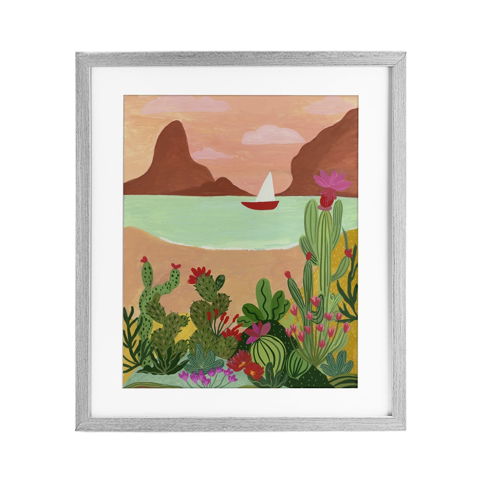Desert Oasis Boat Gray Framed Print Under Glass, design by Nabeela Rumi