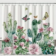 Desert Oasis Delight: Cactus & Butterflies Shower Curtain Vibrant Cacti Flower Print Pink & Green Watercolor Painting on White Background