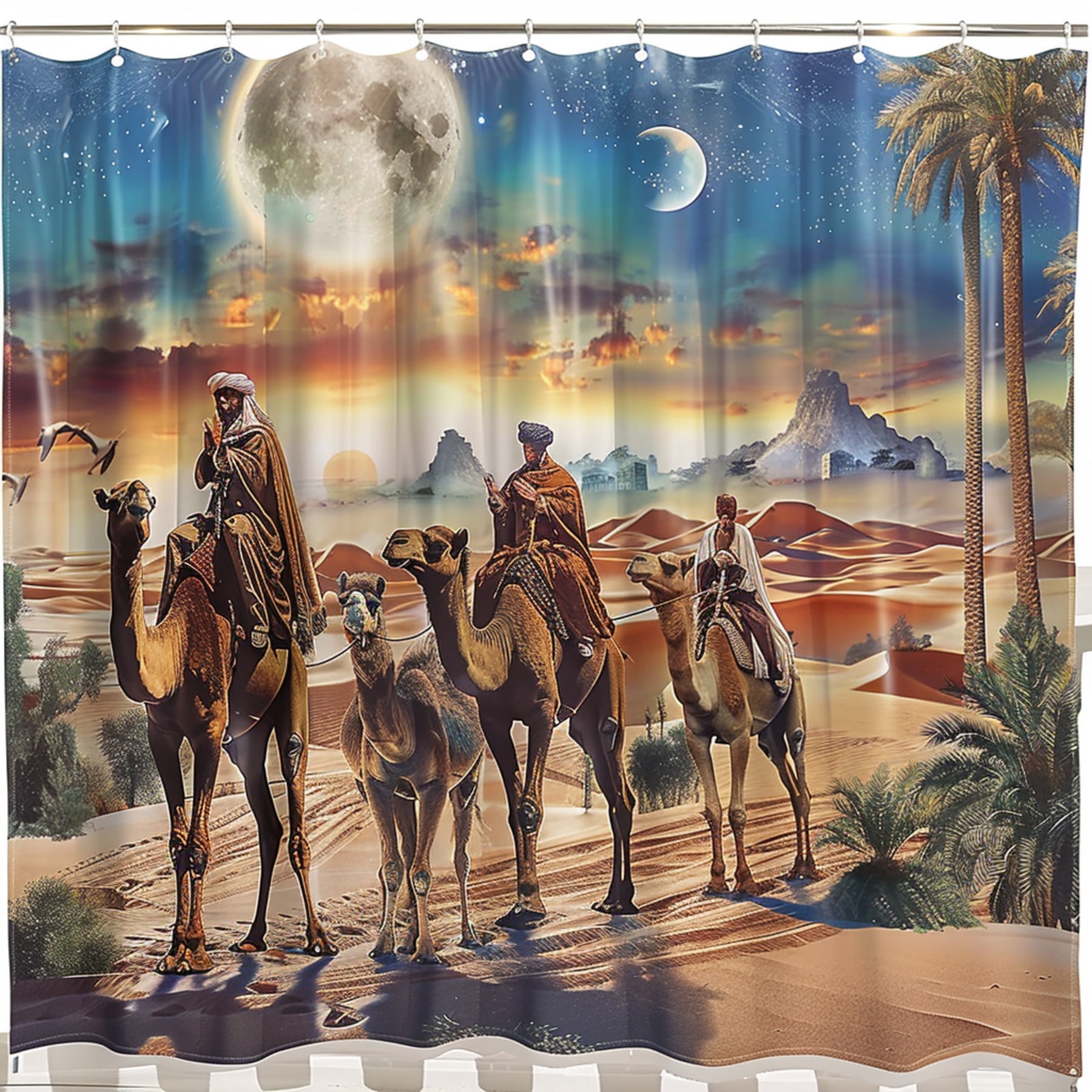 Desert Oasis Shower Curtain Realistic Desert Scene with Camels Men Palm ...