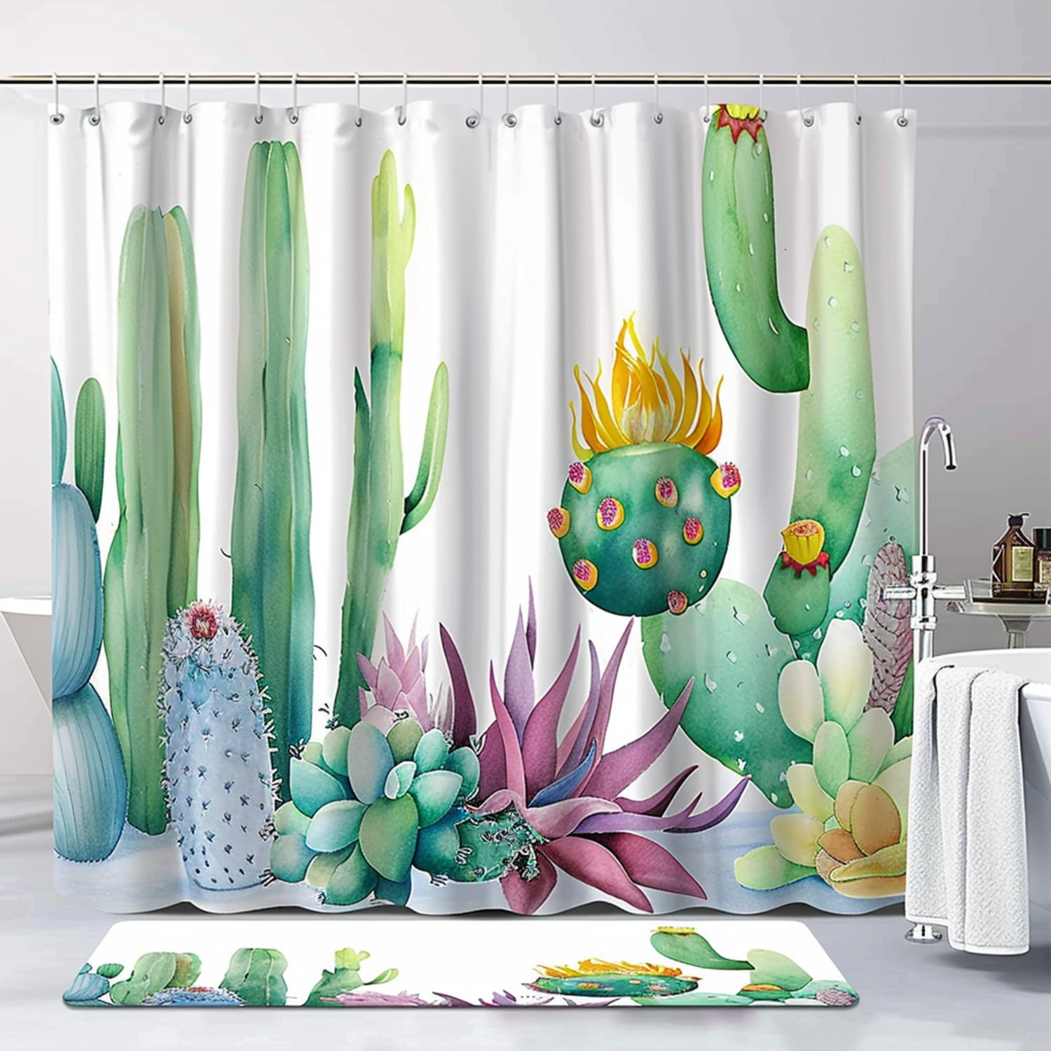 Matching Ground Desert Oasis Shower Curtain Set Cactus Bathroom Decor with Colorful ...