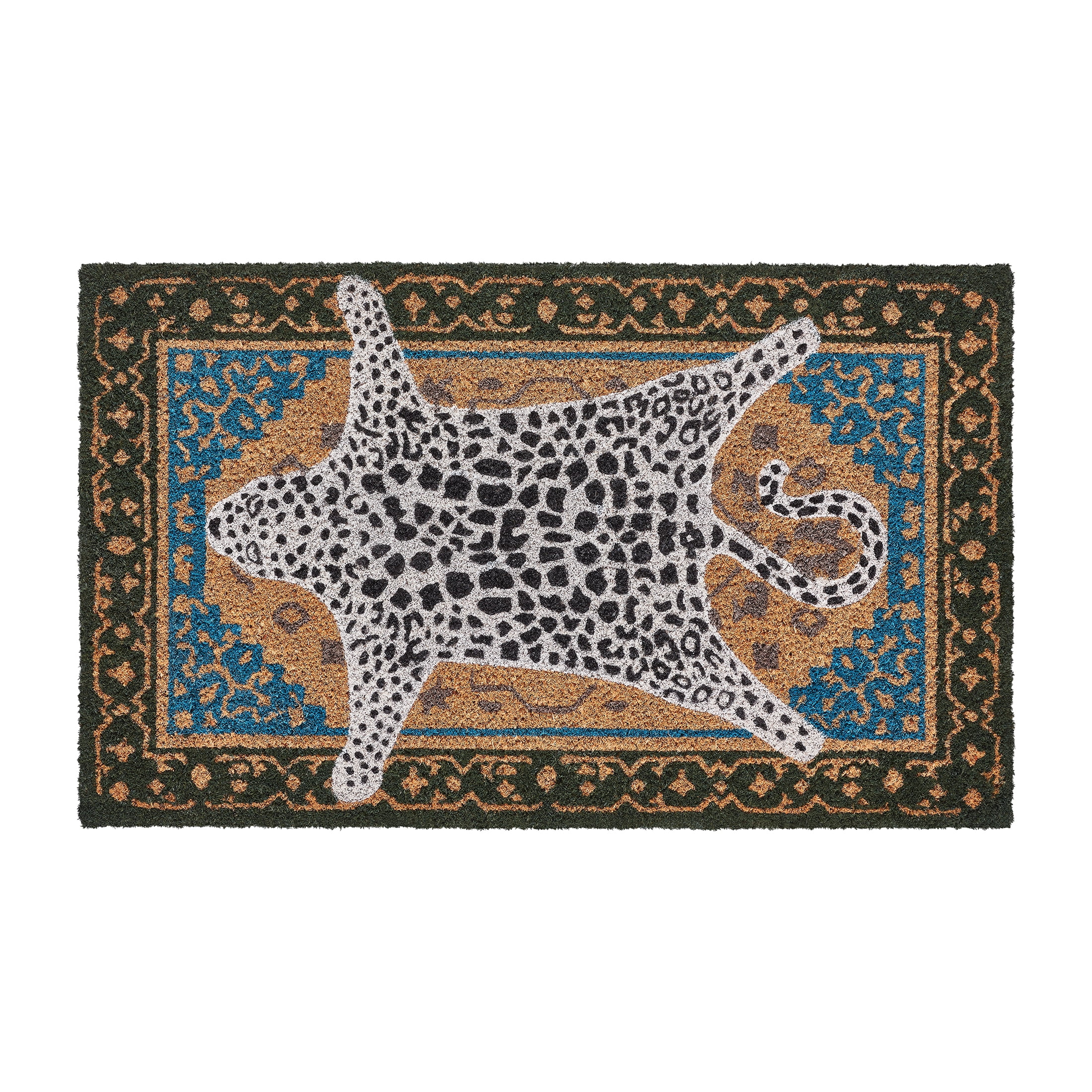 Blue Desert Panther Tribal Spots Outdoor Coir Doormat, 18" x 30"