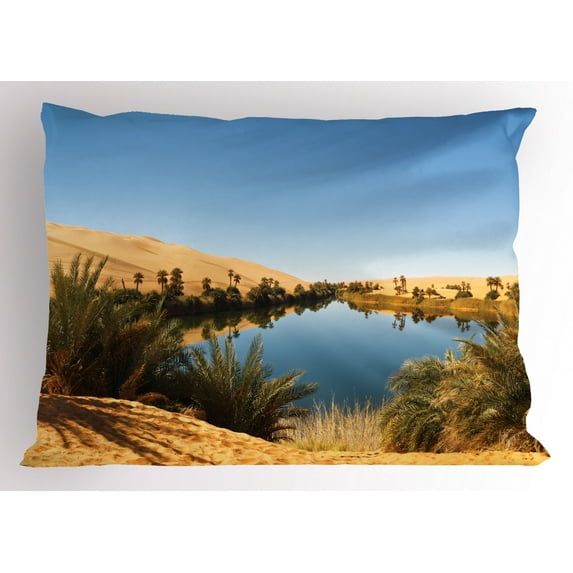 Desert Pillow Sham Idyllic Oasis Awbari Sand Sea Sahara Libya Pond Lush Arid Country, Decorative Standard Size Printed Pillowcase, 26 X 20 Inches, Pale Blue Green Sand Brown, by Ambesonne