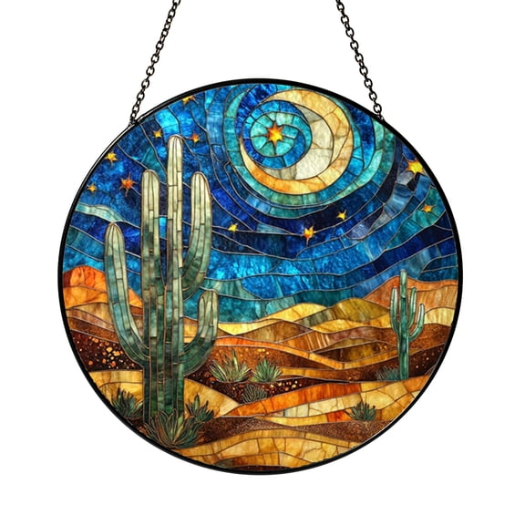 Desert Plant Stained Glass Style Panel – Decorative Window Art