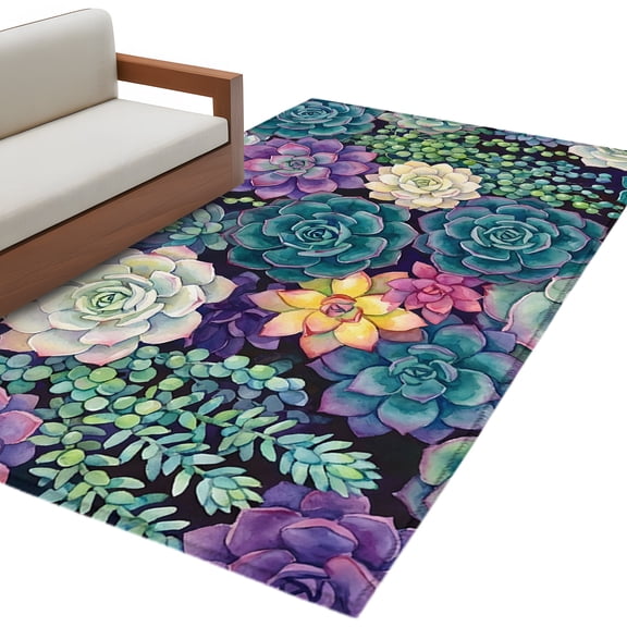 Desert Plants Area Rug 4x6 Washable Rug Non Slip Succulents Botanical Green Purple Large Area Rug Indoor Floor Carpet for Entryway Bedroom Kitchen Living Room Home Office Dining Room Nursery
