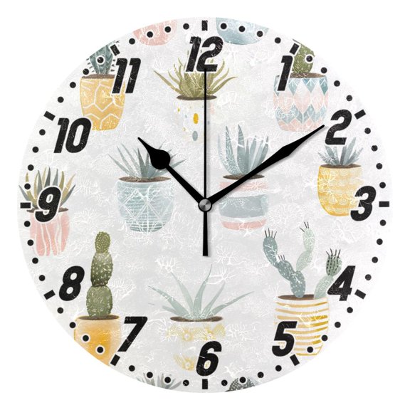 Desert Plants in Pots Round Wall Clock Battery Operated Silent Non-Ticking Bedroom Office Kitchen Home School Decor 10"(Black)
