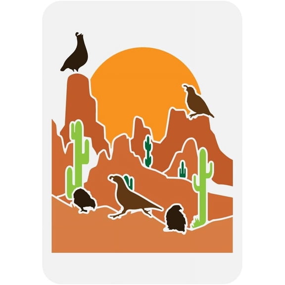 Desert Quail Big Stencil 8.3x11.7" Mountain Cactus Bird Painting Large Template Western Desert Theme Spraying Stencil Desert with Sunrise Decorative Template