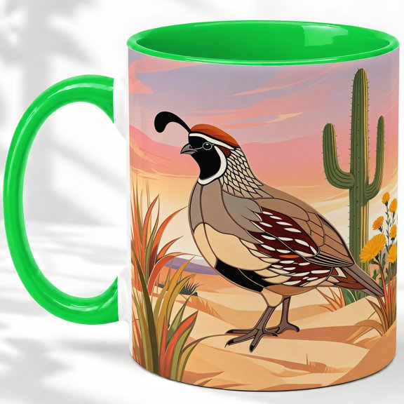 Desert Quail Watercolor Coffee Mug, Gambel Quail Mug, Morning Coffee Tea Cup for Home Office, Walking Bird by Saguaro Cactus at Sunset, Southwest Wildlife Art, Bird Lovers Women Men