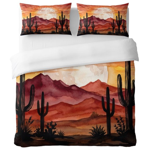 Desert Queen Duvet Cover Set, Nature Cactus Moon Red Mountains Landscape Decorative 3 Piece Bedding Set with Zipper Closure Soft Breathable Microfiber Comforter Cover & 2 Pillowcases