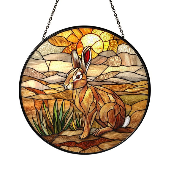 Desert Rabbit Stained Glass Suncatcher Window Hanging Decor, Round Hopping Rabbit and Sunset Landscape Glass Art Panel, Decorative Wildlife Scene Window Ornament for Home Decor