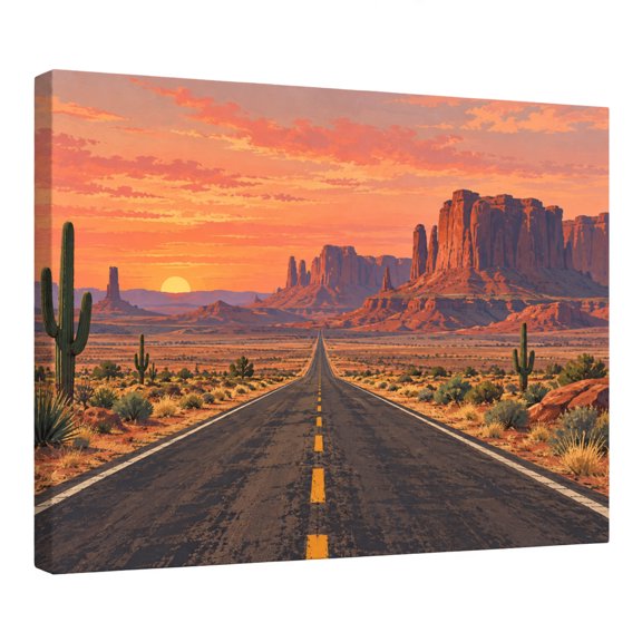 Desert Road Canvas Wall Art, Southwestern Sunset Landscape with Cactus and Red Rock Mountains, Western Highway Scenic Wall Decor for Living Room Bedroom Office, 10x8 Inch