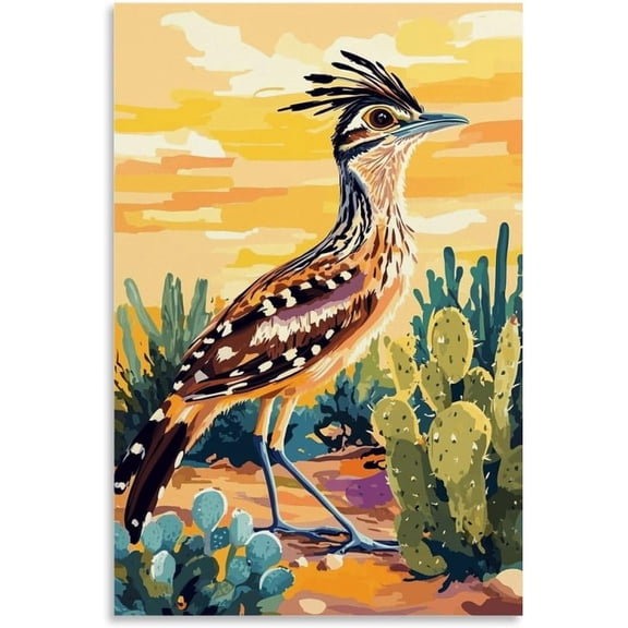 Desert Roadrunner Oil Art Canvas Print Wildlife Wall Decor Nature Landscape Poster for Room Aesthetic 8 x 12 Inch