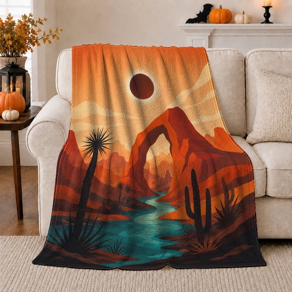 Desert Rock Arch Sunset Illustration Palm Tree Cactus, Cozy Coastal Landscape Scene, Warm Flannel Blanket for Beach House and Living Room, Beach Lovers Housewarming Gift, Coastal Home Decor