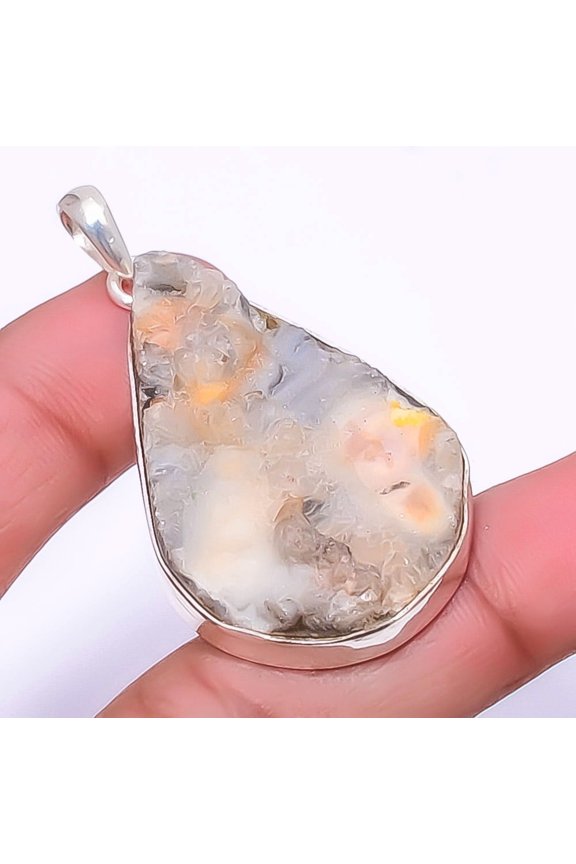 Desert Rose Drusy - India 925 Sterling Silver Pendant 2.07" P1436-3, Drusy Quartz Pendant, Christmas Gift, New Year Sale, Gemstone Silver Jewelry