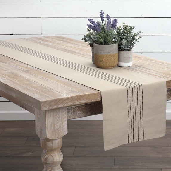 Desert Sand Black Tan Farmhouse Tabletop Kitchen Naomi Cotton Linen Blend Embroidered Striped Rectangle 13x90 Runner