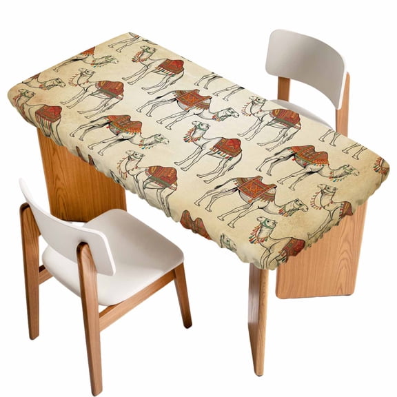 Desert Sand Camel Table Cloths for 5 Foot Rectangle Tables, Summer Tropical Animals Vintage Beige Patio Waterproof Elastic Fitted Tablecloths, Washable Rectangular Table Cover for Camping