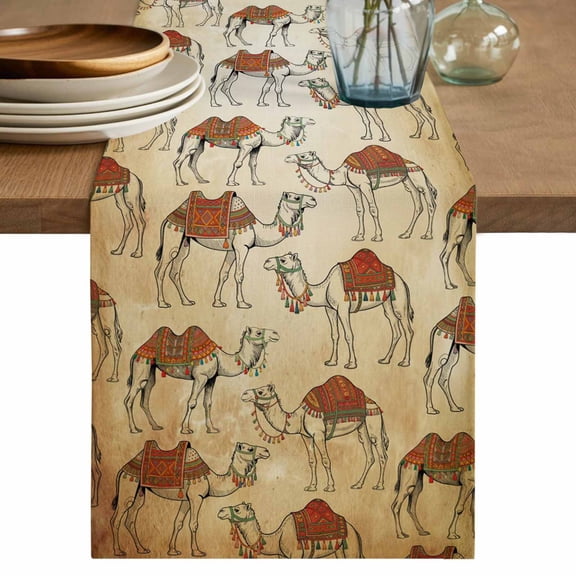 Desert Sand Camel Table Runner, Summer Tropical Animals Vintage Beige Washable Cotton Linen Table Runners 36 Inches Long, Dresser Scarf Runner for Nightstand/End Tables/Round Tables 13''x36''