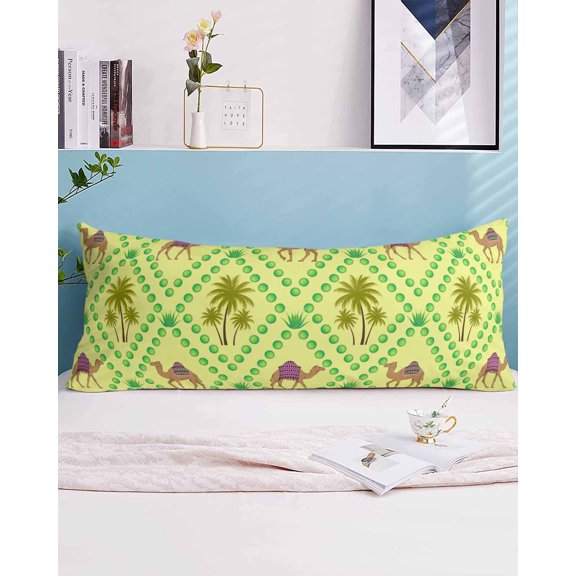 Desert Sand Camels Body Pillow Case Cover - Microfiber Bed Throw Pillow Covers, Palm Trees Tropical Plants Polka Dot Yellow Decorative Lumbar Pillow Cover with Envelope Closure for Sofa 20"x54"