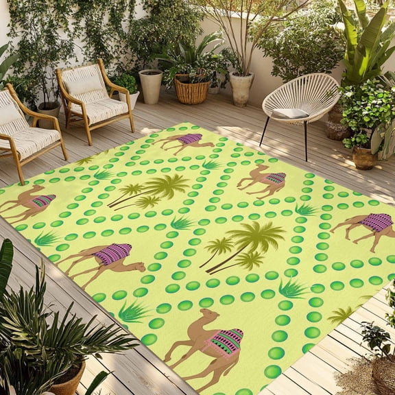 Desert Sand Camels Outdoor Rug for Patio/Deck/Porch, Non-Slip Large Area Rug 6 x 9 Ft, Palm Trees Tropical Plants Polka Dot Yellow Indoor Outdoor Rugs Washable Area Rugs, Camping Rug Carpet Runner