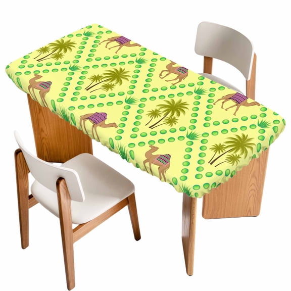 Desert Sand Camels Table Cloths for 5 Foot Rectangle Tables, Palm Trees Tropical Plants Polka Dot Yellow Patio Waterproof Elastic Fitted Tablecloths, Washable Rectangular Table Cover for Camping