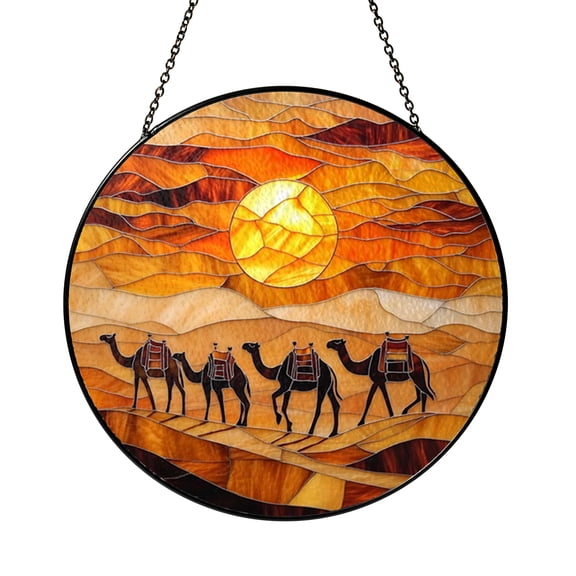 Desert Sand Dunes Camel Stained Glass Window Hanging, Sunset Landscape Decorative Suncatcher Panel, Boho Travel Home Accent Ornament, Unique Exotic Art Gift