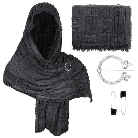 Desert Scarf Set, Cotton Head Wrap, Medieval Cloak, Halloween Cape, Hooded Shawl With Viking Brooch | Cowl Scarf Rogue Medieval Cloak Renaissance Costume Cape Accessories, Black One Size