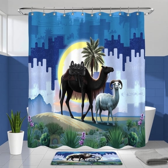 Desert Scene Shower Curtain with Camel, Goatand Tree - Middle Eastern Decor