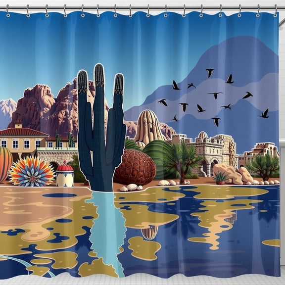 Desert Shower Curtain - Cactus Blue Sky Reflective Pool Tranquil Desert Scene for Bathroom Decor