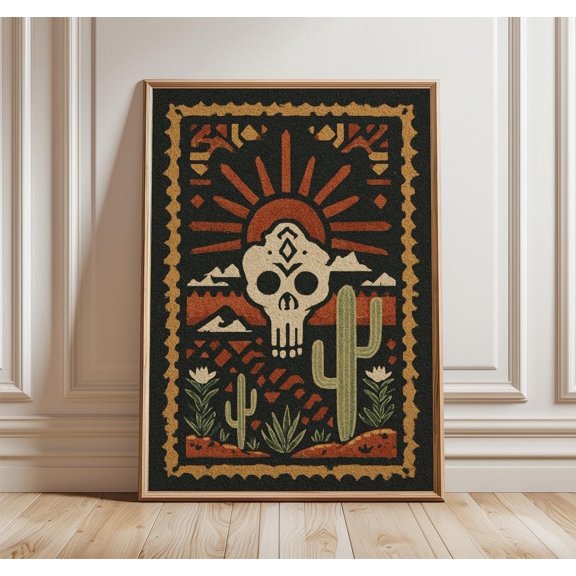 Desert Skull Art Print, Southwestern Boho Wall Poster, Cactus and Sunrise, Rustic Western Decor, Poster Only