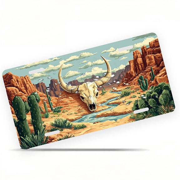 Desert Skull Landscape Front License Plate, Metal License Plate, Funny Standard Plates Personalized Novelty Decorative For Men/Women/Boys/Girls Car 6×12 Inch