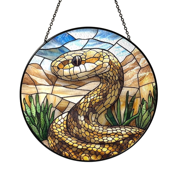 Desert Snake Stained Glass Suncatcher Window Hanging Decor, Rattlesnake Cactus Landscape Stained Glass Style Window Ornament, Wildlife Desert Art Sun Catcher for Living Room Window Decor