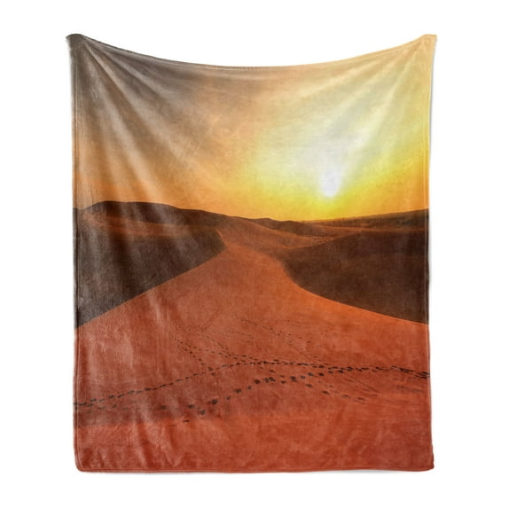 Desert Soft Flannel Fleece Blanket, Footprints on Sand Dunes at Sunrise Hot Dubai Landscape Travel Destination, Cozy Plush for Indoor and Outdoor Use, 70" x 90", Dark Orange Yellow, by Ambesonne
