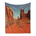 thumbnail image 1 of Desert Soft Flannel Fleece Blanket, Sunny Hot Day Monument Valley Arid Country Prehistoric Nation Arizona USA, Cozy Plush for Indoor and Outdoor Use, 50" x 70", Dark Orange Pale Blue, by Ambesonne, 1 of 6