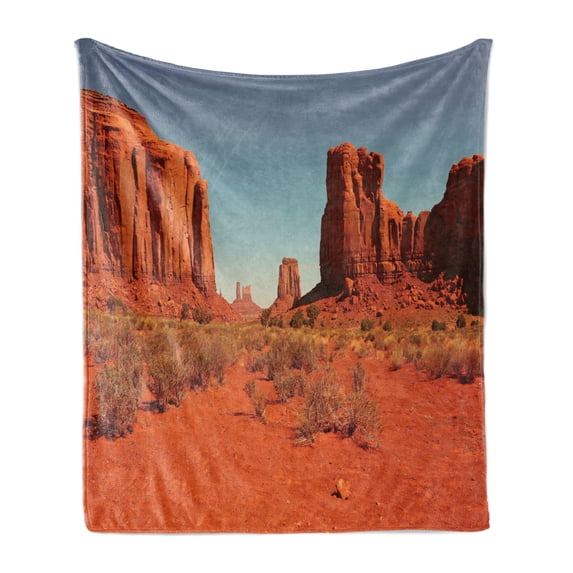Desert Soft Flannel Fleece Blanket, Sunny Hot Day Monument Valley Arid Country Prehistoric Nation Arizona USA, Cozy Plush for Indoor and Outdoor Use, 60" x 80", Dark Orange Pale Blue, by Ambesonne