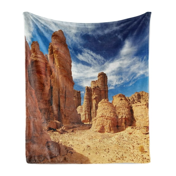 Desert Soft Flannel Fleece Throw Blanket, Bizarre Sandstone Cliffs in Sahara Desert Tassili N'Ajjer Algeria, Cozy Plush for Indoor and Outdoor Use, 60" x 80", Navy Blue Mustard Orange, by Ambesonne